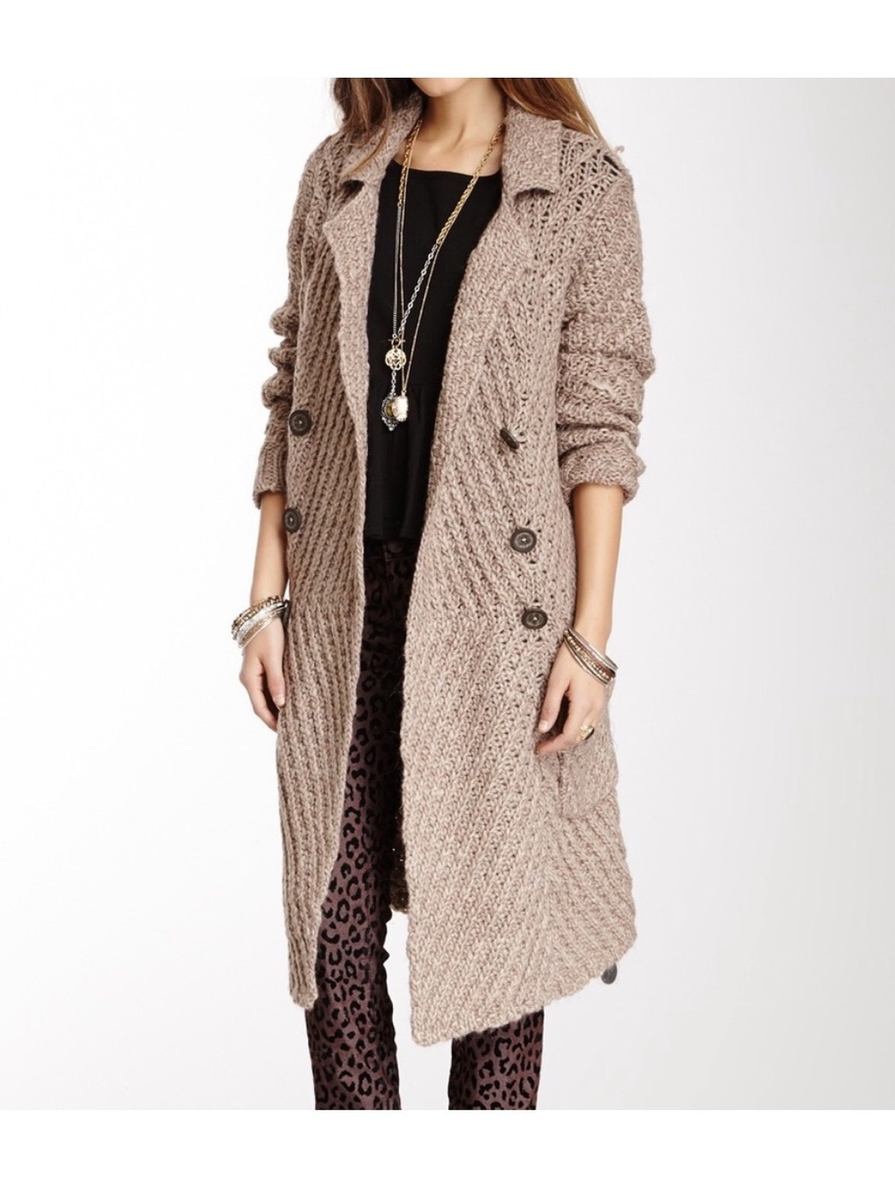 Free People Buttermilk Biscuit Long Sweater Mushroom Brown Small